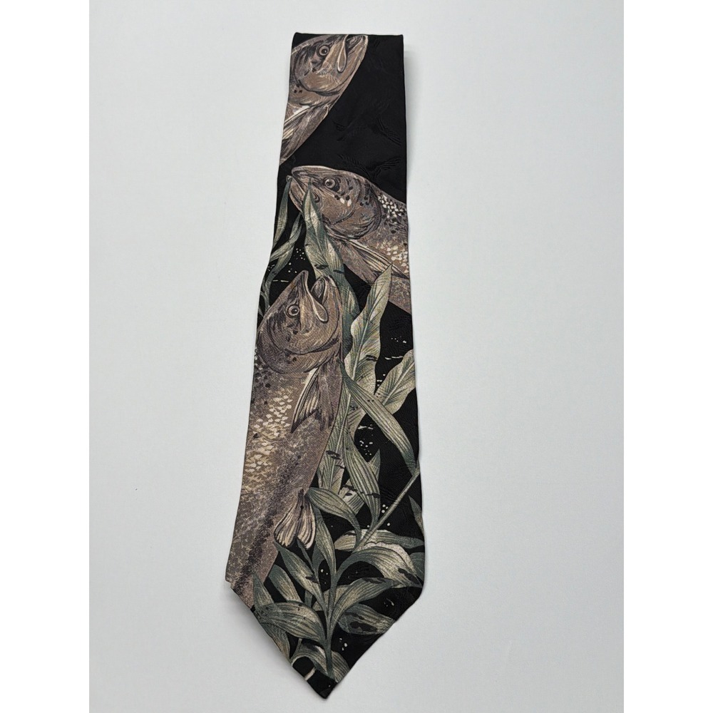 Field & Stream Mens Black Silk Trout‎ Fish Fishing Graphic Necktie Made in USA